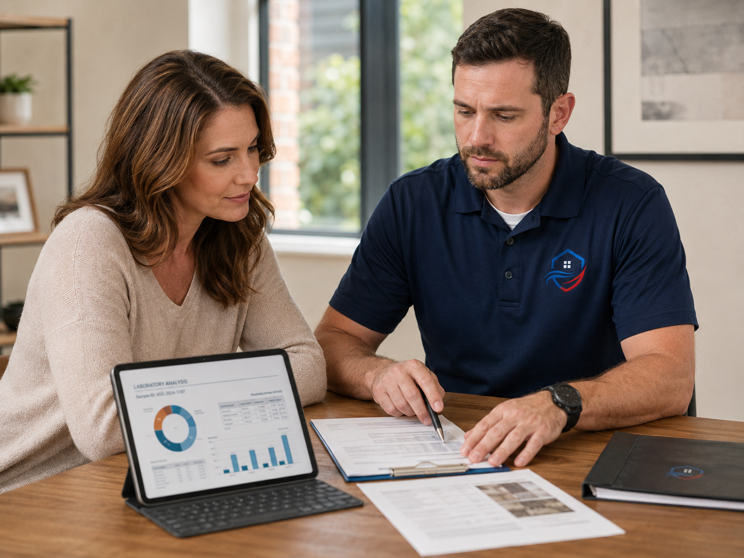 Inspector reviewing lab results and a written mold inspection report with a homeowner