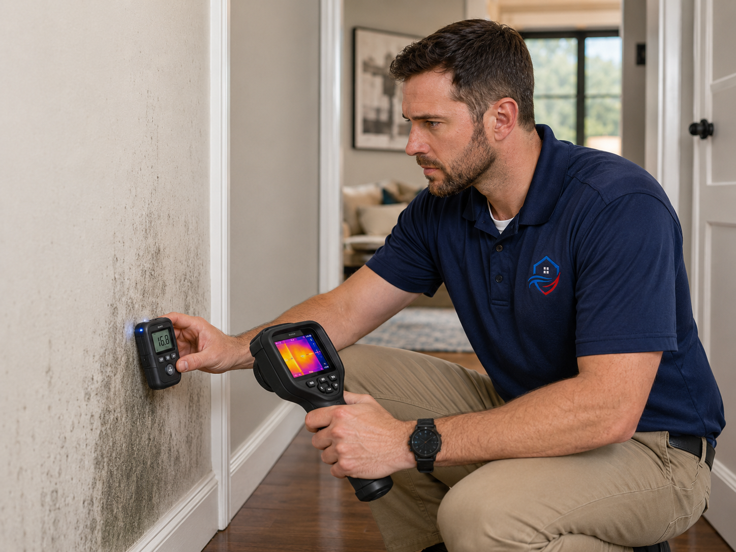 Inspector using a moisture meter and thermal camera to evaluate mold-prone wall conditions